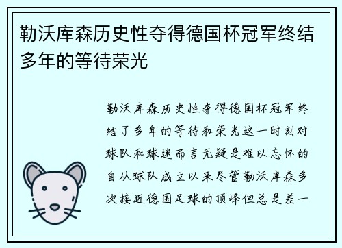 勒沃库森历史性夺得德国杯冠军终结多年的等待荣光